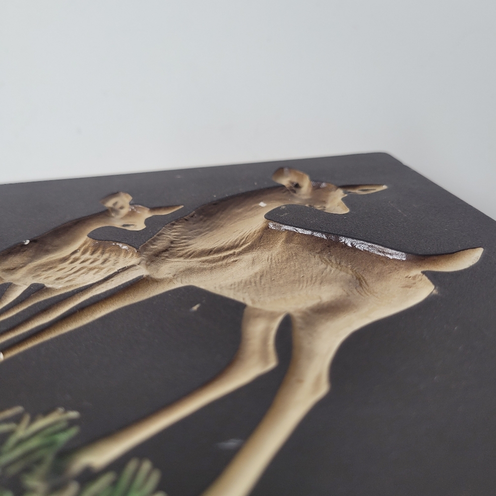 Vintage mid century decorative wall hanging with debossed deer & fawn in grass - Picture 9 of 12
